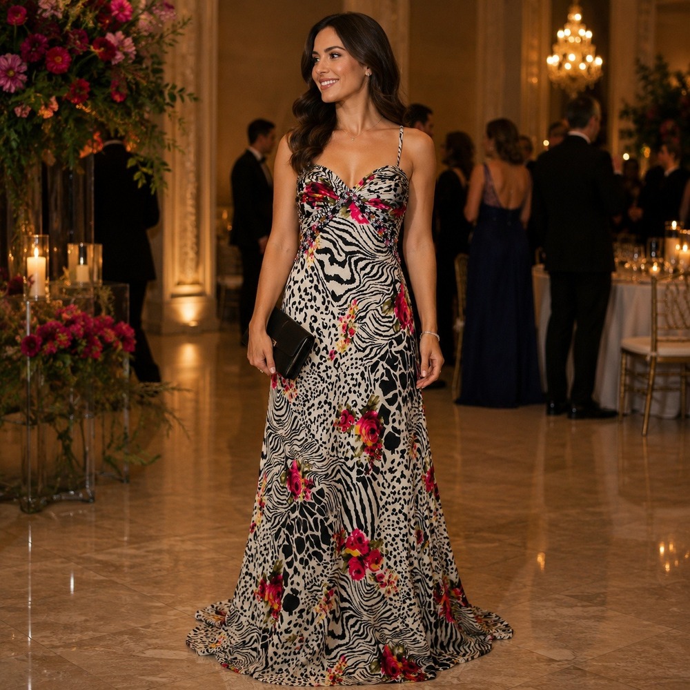 Dave & Johnny Multicolor Animal Floral Silk Beaded Open Back Gown Size 11/12